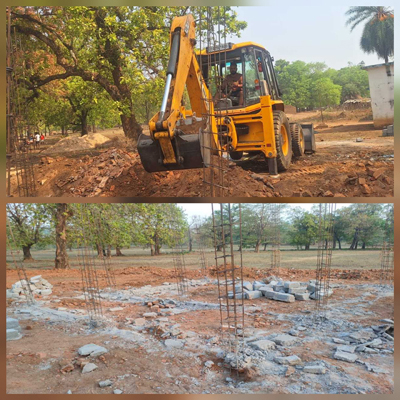 घटिया निर्माणाधीन स्कूल भवन की नीव को तोड़ा गया जेसीबी से