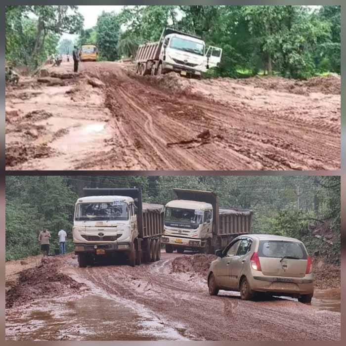 भारी वाहनों से सड़क बनी दलदल, 4 दिनों से अंतागढ़-नारायणपुर स्टेट हाईवे पर यात्री बसें हुई बंद
