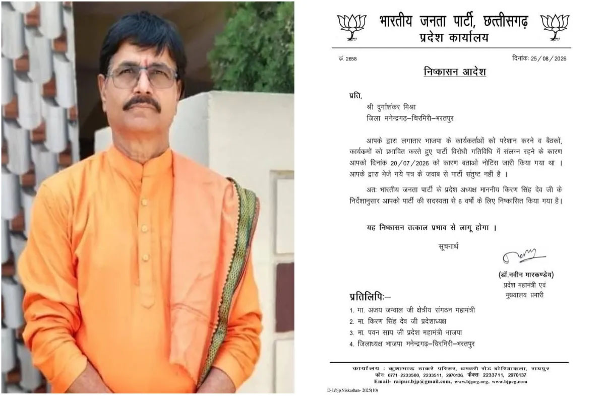 भाजपा नेता दुर्गाशंकर मिश्रा 6 साल के लिए हुए पार्टी से बाहर, प्रदेश महामंत्री ने जारी किया आदेश